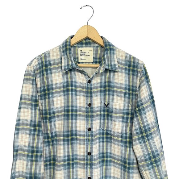 American Eagle Outfitters Button Flannel Shirt Mens L Blue Plaid Soft Cotton - Picture 2 of 13